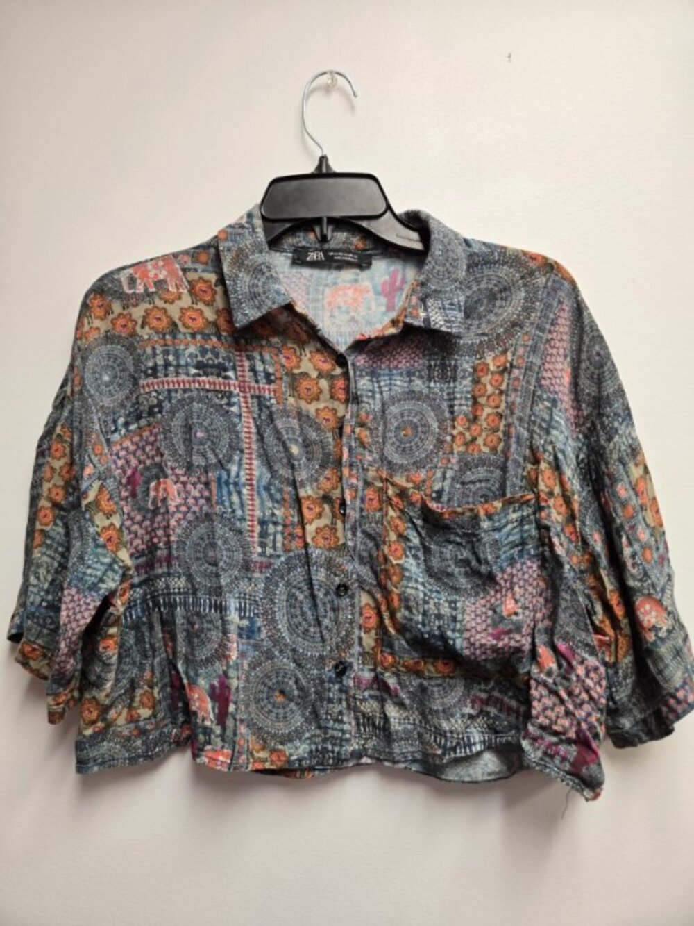 Zara Womens XL Boho Geometric Elephant Print Medallion Mosaic Button Down Blouse